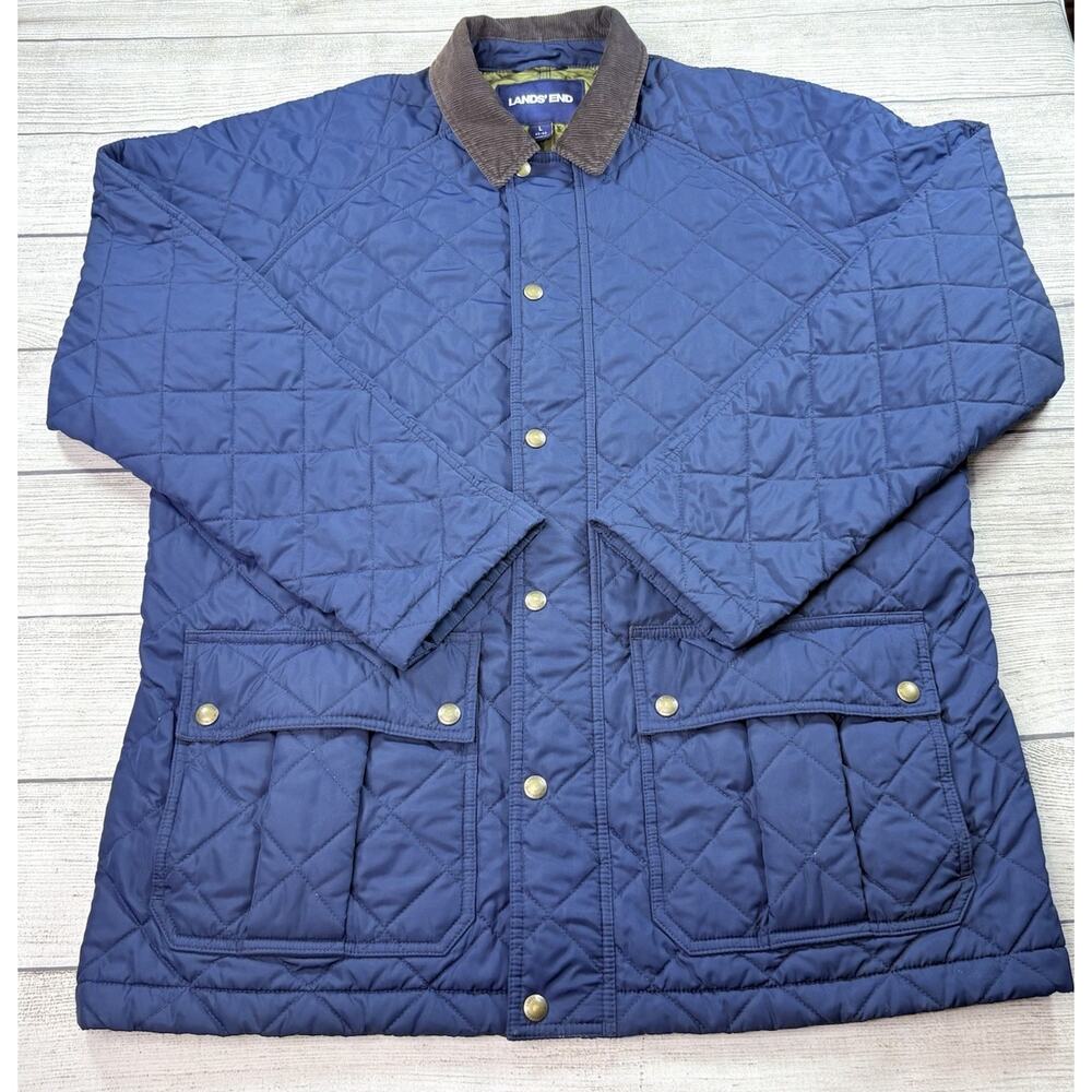 Lands End Women Primaloft Quilted Puffer Jacket Coat Corduroy Collar Blue Size L